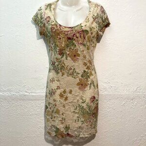 Body Central Floral Lace Mini Dress Y2K Fairy Lined short Sleeves Mesh Beige